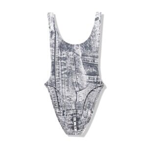 NWT Norma Kamali Marissa One Piece Swimsuit Denim Print Scoop Neck Size S
